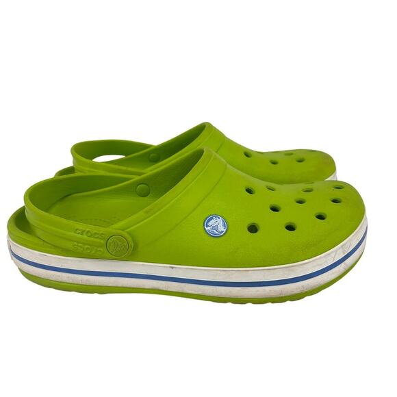 Crocs Clog Sandals Unisex Womens 10 Lime Green White Stripe Band Slip On Comfort - Picture 1 of 10